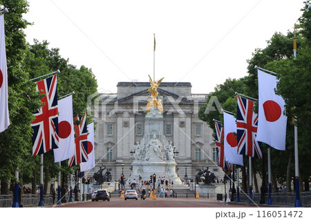 イギリス・バッキンガム宮殿前大通りの日本国旗 イギリス・バッキンガム宮殿前大通りの日本国旗 116051472