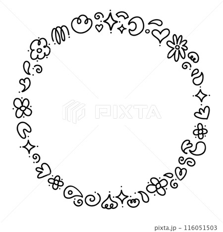 Doodles decorated round thin frame. Line black hand drawn illustration. 116051503