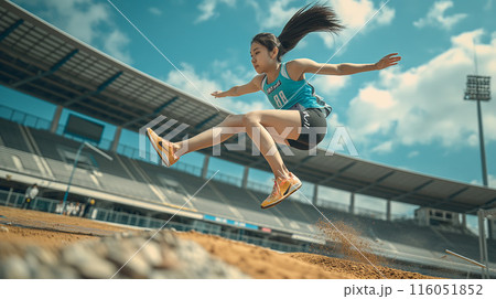 走り幅跳びの競技中の女子陸上選手 走り幅跳びの競技中の女子陸上選手 116051852