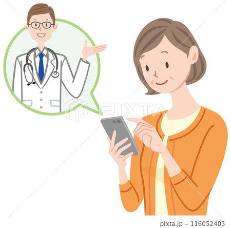 スマホでオンライン診療を受ける中年　女性　中高年 116052403
