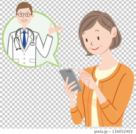 スマホでオンライン診療を受ける中年　女性　中高年 116052403