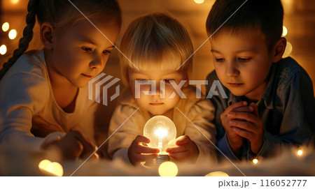 Children hold a glowing lightbulb with a curious expression. The concept of youthful curiosity, bight ideas, and the potential for innovation. 116052777