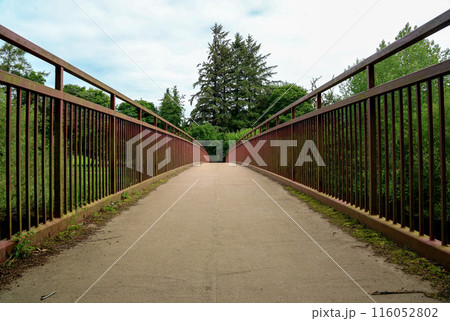 Foot Bridge Over a Rural River on an Overcast Summer Morning Foot Bridge Over a Rural River on an Overcast Summer Morning 116052802