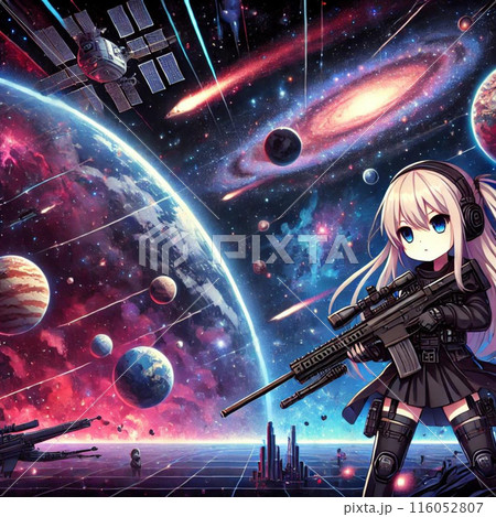 宇宙船に向かう銃を持った女の子のイラスト 116052807