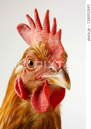 A close up of a chicken's head with a red beak and red comb 116052845
