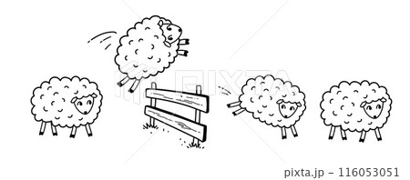Sheeps jumping through fence Sheeps jumping through fence 116053051
