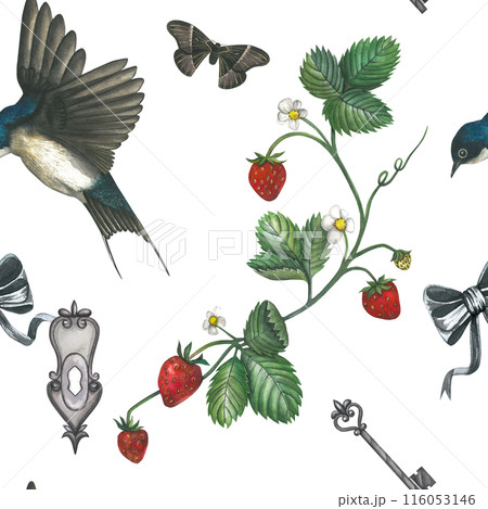 Watercolor seamless pattern from illustrations of swallow, strawberry, moth, bow, key, keyhole. Hand drawn, isolated on a white background. Watercolor seamless pattern from illustrations of swallow, strawberry, moth, bow, key, keyhole. Hand drawn, isolated on a white background. 116053146