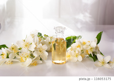 Jasmine essential and Jasmine flowers on white background. Hair treatment concept. Close up Jasmine essential and Jasmine flowers on white background. Hair treatment concept. Close up 116053175
