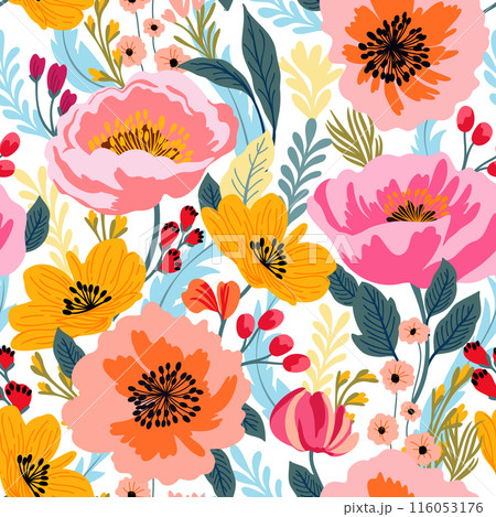 A vibrant floral pattern with colorful blooms 116053176