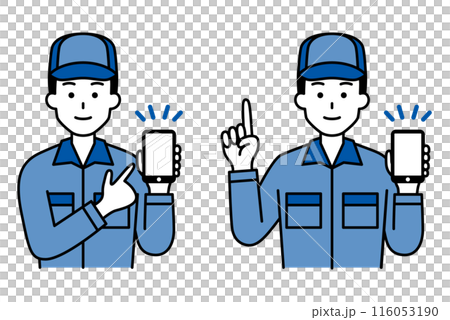 スマートフォンを持って説明するつなぎ作業服の男性　セット 116053190
