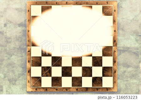 Brown chessboard with white frame on a gray background with space for text Brown chessboard with white frame on a gray background with space for text 116053223