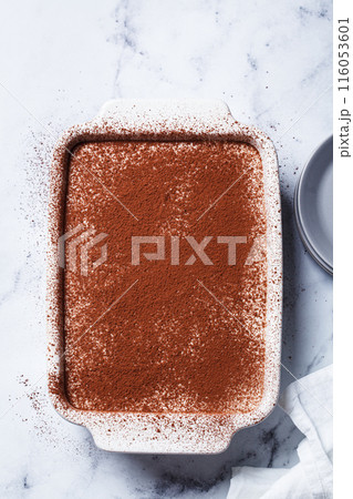 Homemade tiramisu in baking dish on white marble table. 116053601