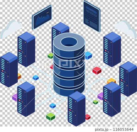 Isometric Data Center with Servers and Network Connection 116053644