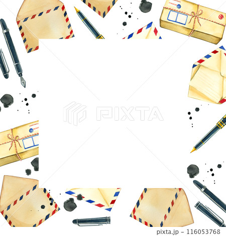 Square frame for World Post Day. Envelopes, letters, pens and ink drops hand drawn in watercolor on a white background. Suitable for printing on cards, invitations, scrapbooking and design. 116053768