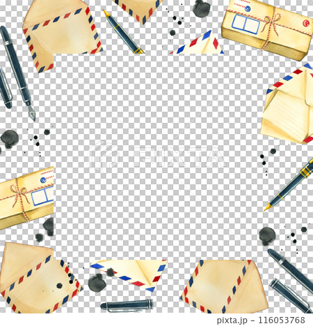 Square frame for World Post Day. Envelopes, letters, pens and ink drops hand drawn in watercolor on a white background. Suitable for printing on cards, invitations, scrapbooking and design. 116053768