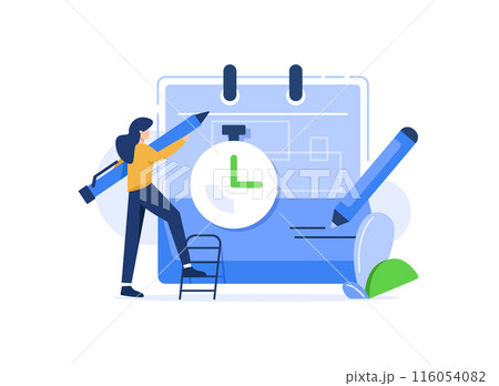 Cartoon vector illustration of woman check calendar have plan on memo, Working and day planning concept. Female human character on white background 116054082