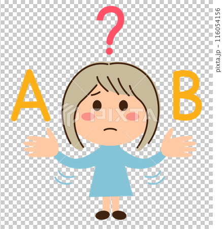 A girl holding A and B in both hands and a question mark A girl holding A and B in both hands and a question mark 116054156