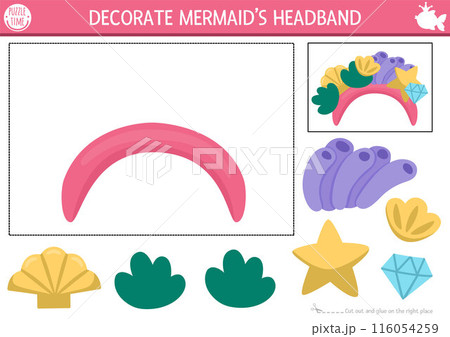 Vector mermaid cut and glue activity with headband. Crafting game with sea princess hair accessory. Fun marine printable worksheet for kids. Decorate the band with star, seaweeds, shell Vector mermaid cut and glue activity with headband. Crafting game with sea princess hair accessory. Fun marine printable worksheet for kids. Decorate the band with star, seaweeds, shell 116054259