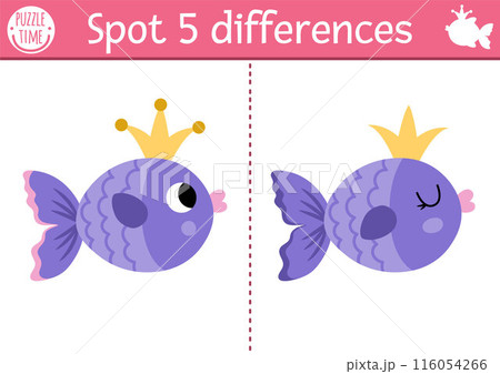 Find differences game for children. Mermaid educational activity with fish sea princess. Cute puzzle for kids with funny animal with crown. Printable worksheet or page for logic and attention skills Find differences game for children. Mermaid educational activity with fish sea princess. Cute puzzle for kids with funny animal with crown. Printable worksheet or page for logic and attention skills 116054266