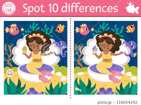 Find differences game for children. Mermaid educational activity with sea princess with cupcake in seashell. Cute puzzle for kids. Printable worksheet or page for logic and attention skills 116054292