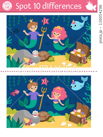 Find differences game for children. Mermaid educational activity with sea princess, merman, treasure chest. Cute puzzle for kids. Printable worksheet or page for logic and attention skills 116054296