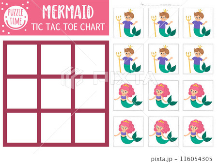 Vector mermaid tic tac toe chart with merman and sea princess. Ocean kingdom board game playing field with cute characters. Funny marine fairytale printable worksheet. Noughts and crosses grid 116054305