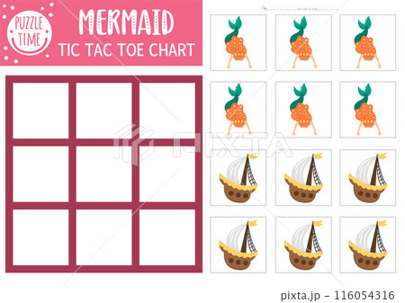 Vector mermaid tic tac toe chart with ship. Ocean kingdom board game playing field with cute characters. Funny marine fairytale printable worksheet. Noughts and crosses grid Vector mermaid tic tac toe chart with ship. Ocean kingdom board game playing field with cute characters. Funny marine fairytale printable worksheet. Noughts and crosses grid 116054316