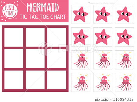 Vector mermaid tic tac toe chart with starfish and jellyfish. Ocean kingdom board game playing field with cute characters. Funny marine fairytale printable worksheet. Noughts and crosses grid Vector mermaid tic tac toe chart with starfish and jellyfish. Ocean kingdom board game playing field with cute characters. Funny marine fairytale printable worksheet. Noughts and crosses grid 116054318