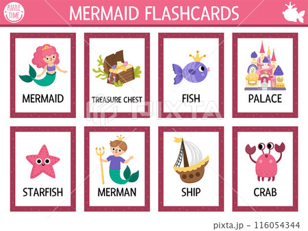 Vector mermaid flash cards set with sea princess, palace, ship, merman, fish. Ocean kingdom English language game for kids. Marine fairytale flashcards. Educational printable worksheet Vector mermaid flash cards set with sea princess, palace, ship, merman, fish. Ocean kingdom English language game for kids. Marine fairytale flashcards. Educational printable worksheet 116054344