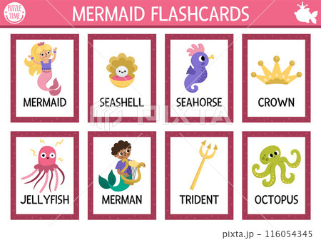 Vector mermaid flash cards set with sea princess, octopus, trident, merman. Ocean kingdom English language game for kids. Marine fairytale flashcards. Educational printable worksheet 116054345