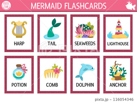 Vector mermaid flash cards set with sea princess, dolphin, tail, seaweeds, comb, anchor. Ocean kingdom English language game for kids. Marine fairytale flashcards. Educational printable worksheet Vector mermaid flash cards set with sea princess, dolphin, tail, seaweeds, comb, anchor. Ocean kingdom English language game for kids. Marine fairytale flashcards. Educational printable worksheet 116054346