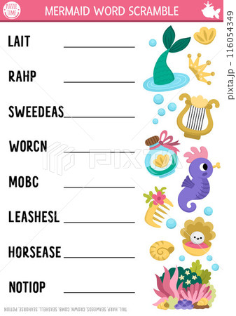 Vector mermaid word scramble activity page. English language game with sea princess tail, seahorse for kids. Ocean kingdom family quiz with vehicles. Marine educational printable worksheet 116054349