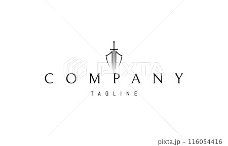 Vector logo on which an abstract image of a shield with a sword in a linear style. Vector logo on which an abstract image of a shield with a sword in a linear style. 116054416