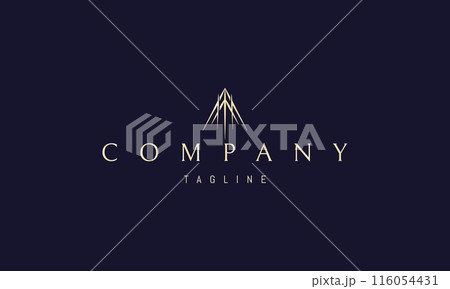 A vector golden logo with an abstract image of a hawk bird in the form of an arrowhead. 116054431