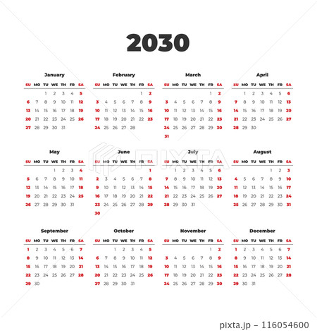 calendar for a year 2030, week starts on Sunday 116054600