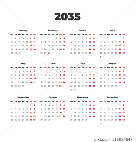 calendar for the year 2035, weeks starts on Monday 116054647