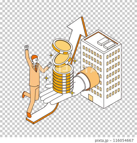 一位對薪資上漲感到滿意的男性上班族的圖像插圖 116054667