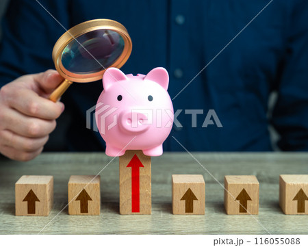 A businessman studies the growth of his savings, piggy bank. Interest growth. 116055088