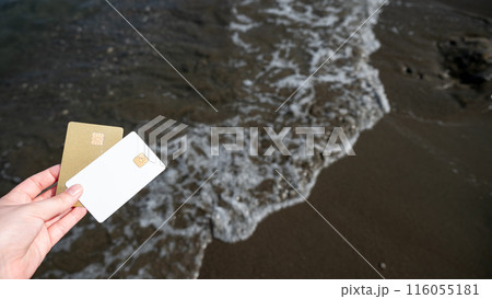 A woman's hand holds bank cards against a backdrop of beach and sea wave. A woman's hand holds bank cards against a backdrop of beach and sea wave. 116055181