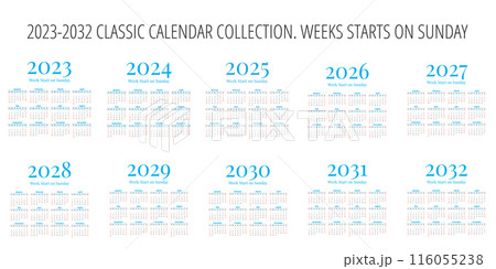 Classic calendar set for years from 2023 to 2032 116055238