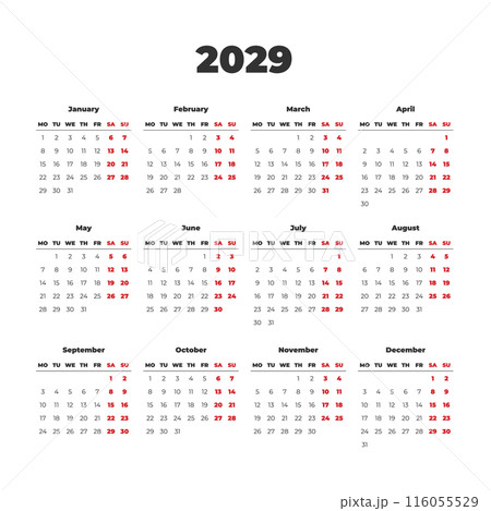Simple vector calendar on 2029. Start from Monday Simple vector calendar on 2029. Start from Monday 116055529