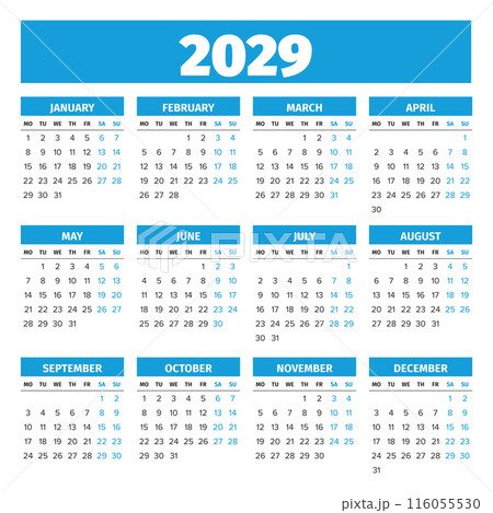 2029 Simple vector calendar. Weeks start on Monday 2029 Simple vector calendar. Weeks start on Monday 116055530