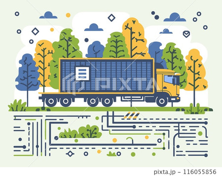 A truck is driving down a road with trees in the background 116055856