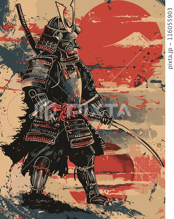A samurai warrior is standing in front of a red sun, holding a sword 116055903
