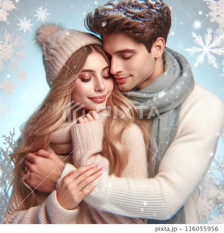 Couple hugging on the background of falling snowflakes. Couple hugging on the background of falling snowflakes. 116055956