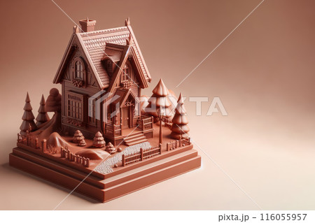A model of a chocolate house with a plot on a clean background. Space for text. A model of a chocolate house with a plot on a clean background. Space for text. 116055957