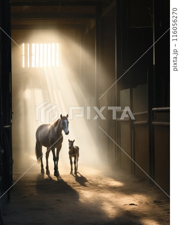 Domestic animals silhouette. Farm lifestyle concept. A working horse and a foal stand in the darkness of a barn, with sunlight streaming in through the door 116056270