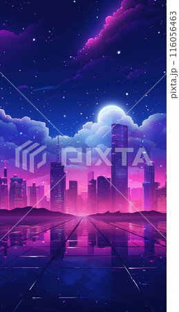 Night city with neon glow and vivid colors. Modern skyscrapers against the sky. Futuristic cyberpunk urban landscape wallpaper. Night city with neon glow and vivid colors. Modern skyscrapers against the sky. Futuristic cyberpunk urban landscape wallpaper. 116056463