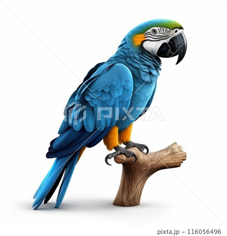 Blue and yellow Macaw parrot isolated on white background. A large exotic bird. 116056496