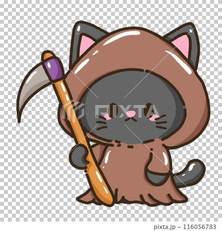 Hand drawn illustration kawaii black cat halloween themed dressed as a grim reaper holding a scythe 116056783